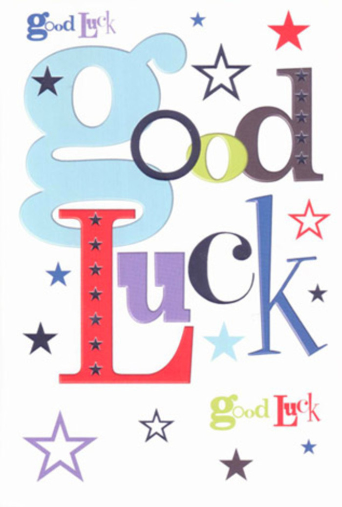 Bursting with character and optimism, this good luck card serves as a visual anthem for Wood Green's rich tapestry of successes and fresh starts. Each letter is painted in a swirl of bright pastels and deep tones: cool baby-blue, fiery crimson, rustic green, and deep violet, all accented by a scattering of twinkling stars. The overall look brings to mind a mosaic of colours as seen at Ducketts Common during a local celebration, with star motifs hinting at dreams waiting to be realised. The modern, airy layout allows every shade to pop against the crisp white, while the subtly embossed surface invites tactile exploration, offering the gentle satisfaction of fine stationery. It's a card meant for moments that matter-handed over at a milestone event, slipped into a book for luck, or sent with floral delivery to show unwavering belief in a loved one's journey through Wood Green's bustling streets.