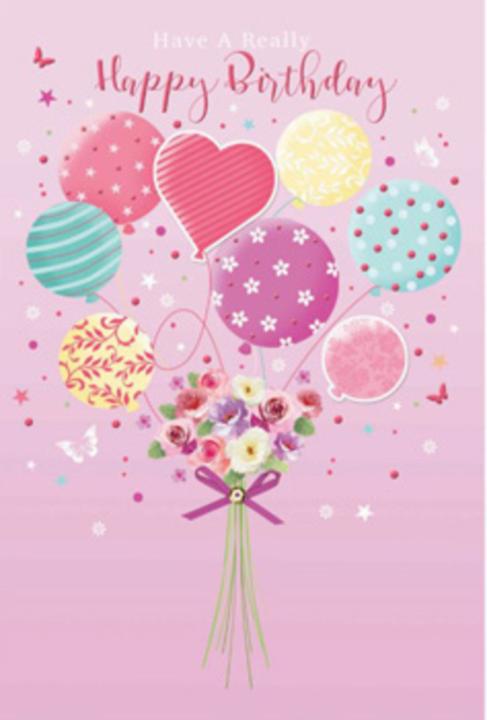 In this detailed birthday illustration, the joy of flowers and balloons is woven together into a single floating moment, easily imagined drifting above the tree-lined streets of Wood Green. The background is a soft, even pink, like a gentle wash of colour across the evening sky. From this calm backdrop emerges a whimsical arrangement: a cluster of balloons in pastel shades of blush, mint, sunshine yellow, and lilac, all gently ascending. Each balloon is decorated with its own playful design-some ringed with twirling ribbons of colour, others covered in dancing polka dots or looping curls, with the occasional floral motif that feels like a nod to the blooms below. Nestled at the centre of the group is a heart-shaped balloon, glowing slightly brighter, symbolising the love threaded through this birthday greeting. Attached beneath is a hand-tied bouquet, the stems gathered close and finished with a sparkling purple bow whose satin texture is suggested by tiny highlights of light. The flowers themselves appear fresh and full of life, as if they've been selected that morning from a local florist around Green Lanes: small, velvety roses, daisy-like blossoms, and anemone-inspired flowers in shades of creamy ivory, blush pink, and soft mauve. Their petals seem delicately shaded, catching the light in a way that suggests both softness and depth, inviting the viewer to imagine their gentle fragrance. Subtle illumination pours across the scene, lending a glossy sheen to the balloons and a natural luminosity to the petals, while tiny stars and butterfly silhouettes drift around the bouquet, adding a touch of enchantment. The overall effect is one of peaceful, uplifting celebration, like a birthday wish sent floating through the neighbourhood, crafted with the care and artistry of a Wood Green florist who understands how to turn colour and form into genuine emotion.