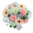 Capturing the gentle spirit of Wood Green, this hand-crafted bouquet is arranged against a pure white background for maximum visual clarity. Lush pink roses form the core, their plush petals spiralling outwards as symbols of love and sophistication. Around them, pale peach and cream-toned Gerbera daisies with striking dark centres animate the arrangement with contemporary style and energy reflective of Wood Green's creative vibe. Wispy white baby's breath delicately drapes across the arrangement, bestowing an airy, cloud-like softness on every bloom. Dainty white chrysanthemums, accented by lively green centres, inject the composition with a refreshing springtime cheer. Dense sprigs of dark green foliage-shiny salal and fragrant eucalyptus-nestle beneath and between the blossoms, their deep hues and smooth textures recalling the neighbourhood's leafy side streets. Nestled at the bouquet's lower right edge, a small, rectangular gift tag inscribed with 'Happy Flowers' in playful green and pink script adds a joyful finishing touch. Whether sent as a birthday greeting, a message of encouragement, or an unexpected surprise for a local friend, this bouquet celebrates the expertise and artistry of Wood Green's local florists, delivering beauty and heartfelt connection across the area.