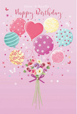 This charming birthday image feels like a little party rising into the air above Wood Green, captured on a soothing pink backdrop. At its centre, a playful cluster of balloons seems to float upward, tethered to a small but joyful bouquet of flowers below. The balloons are tinted in gentle pastels-soft pinks, cool teals, pale yellows, and delicate lavenders-each decorated with its own whimsical pattern. Some carry candy-striped ribbons that twist and turn; others are scattered with bright polka dots or adorned with swirling curls that suggest movement, as if caught in a breeze rolling in from Ducketts Common. Resting proudly near the middle, a heart-shaped balloon glows with subtle warmth, evoking affection and the sweetness of a carefully chosen birthday card. Below this airy display, a hand-tied bouquet gathers like a pocket garden: petite roses, daisy-like blossoms, and anemone-style flowers cluster together in shades of creamy ivory, blush pink, and soft mauve. Their petals look velvety and softly layered, as if you could reach out and feel their delicate texture. The stems are drawn together and finished with a violet satin bow, which catches the light in tiny glimmers, suggesting a final thoughtful flourish added by a professional florist. Gentle light floods the design, bringing a glossy sheen to the rounded balloons and a dewy glow to each bloom, while scattered stars and a few fluttering butterflies lend an almost storybook magic. The overall mood is bright yet tender-a celebration that feels personal and heartfelt, perfectly suited to a birthday surprise being delivered to a cosy flat just off Wood Green High Road by Flower Delivery Wood Green.