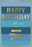 A chic blue and gold birthday card appears ready to accompany a thoughtfully arranged bouquet in Wood Green, its design carefully balanced between calm and celebration. The background is constructed from wide horizontal bars of blue, transitioning smoothly from a deep navy at the top, through rich mid-blue, to soft, gentle sky blue toward the bottom. This soft gradient feels almost like watching the light change over the rooftops between Wood Green and Bounds Green. In the centre of the card, the phrase "HAPPY BIRTHDAY" stands out in bold, embossed gold capitals. The letters are clean and modern, their raised texture and metallic sheen catching available light and giving the greeting a subtle glow. Just below, a refined golden flourish stretches gracefully across the card, lending a hint of traditional elegance. Beneath this flourish, three slim gold banners sit one above the other, each bearing part of the message "Relax, have a great day and enjoy!" The banners share the same shimmering finish as the main text, standing in pleasing contrast to the velvety matte of the blue stripes. A slim gold line runs along the outer edge of the card, forming a neat border that frames the design without distracting from its calm, ordered layout. The mood is peaceful yet clearly festive, ideal for someone who appreciates a quieter birthday marked by simple pleasures-a good meal, a beautiful card, and perhaps a vase of fresh flowers from a local Wood Green florist on the kitchen table, inviting them to pause and truly enjoy their day.